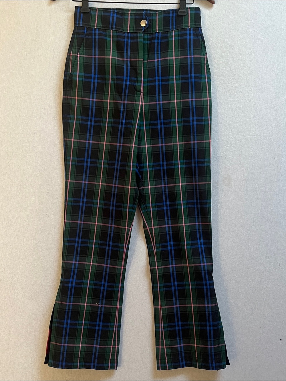 MSGM Milano Tartan Plaid High Rise Button Hem Flare Pants US 4 IT 40